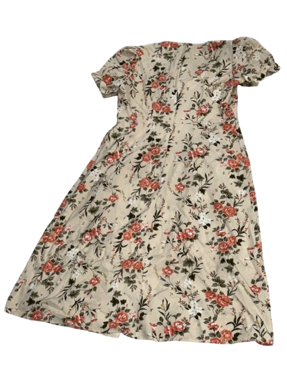 Women’s Beige Floral Midi Dress Puff Sleeve Square Neck - Picture 2 of 7